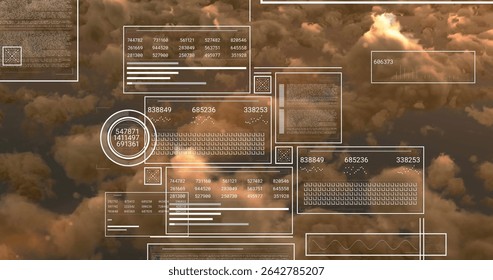 Floating translucent panels hovering over clouds, with numeric fields, bar graphs, circular diagram. Futuristic, technology, data visualization, digital interface, interface design, abstraction, high