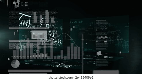 Floating translucent panels showing bar and line charts, pie segment and equations in dark space. Technology, data, visualization, futuristic, digital, interface, analytics