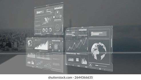 Floating translucent UI panels showing line charts, bar charts and rotating globe in control room. Futuristic, technology, data visualization, digital, modern, analytics, interface