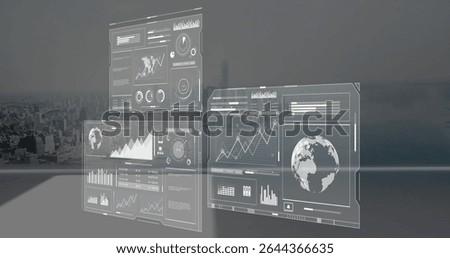 Floating translucent UI panels showing line charts, bar charts and rotating globe in control room. Futuristic, technology, data visualization, digital, modern, analytics, interface