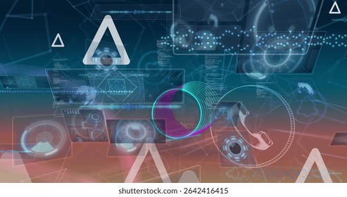 Floating translucent UI panels in virtual space, with circular HUD graphics, dotted data streams. Futuristic, scifi, holographic, immersive, technology, digital, interface