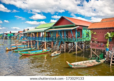 The floating village, caled Komprongpok, on the water of Tonle Sap lake. Cambodia.