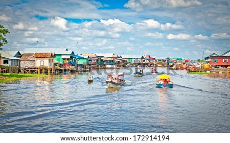 The floating village on the water (komprongpok) of Tonle Sap lake. Cambodia.