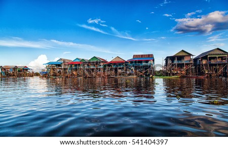 The floating village on the water (komprongpok) of Tonle Sap lake. Cambodia.