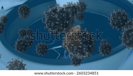 Floating virus particles under microscope in laboratory setting for research study. Microbiology, pathogen, infectious, virology, epidemic, contagion