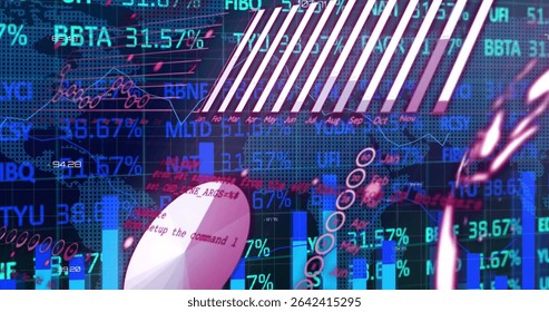 Floating white 3D capsule object bearing code text over digital data display, with neon-blue bars. Technology, analytics, innovation, futurism, data, digital, visualization