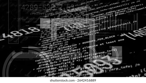Floating white code blocks with numeric overlays, faint rectangles, bar charts, glyphs on dashboard. Technology, data visualization, cybersecurity, futuristic, digital environment, analytics, - Powered by Shutterstock - Get 15% off with code: PIKWIZARD15