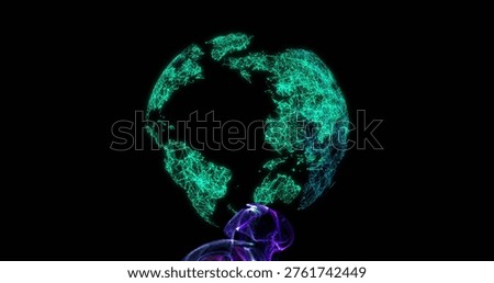 Floating wireframe Earth globe glowing above black void, showing teal mesh and purple-blue smoke. Neon, cyber, digital, abstract, network, topology, sphere