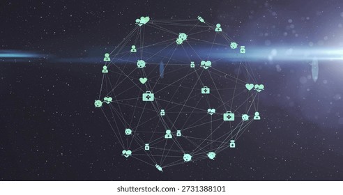 Floating wireframe network sphere rotating in space backdrop, with heart medical cross user icons. Holographic, geodesic, luminescent, mesh, care, wellness, collaboration