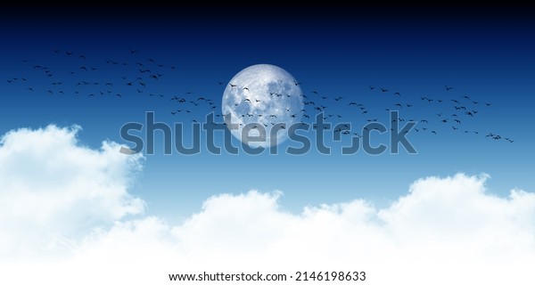 flock of\
birds flying in blue sky in full moon\
light