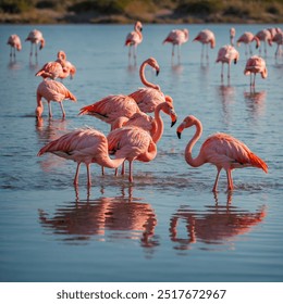 A flock of flamingos wading gracefully in shallow waters, their vibrant pink feathers reflecting in the calm lagoon beneath a bright sun. - Powered by Shutterstock