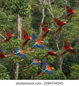 a flock of macaws flying in the forest