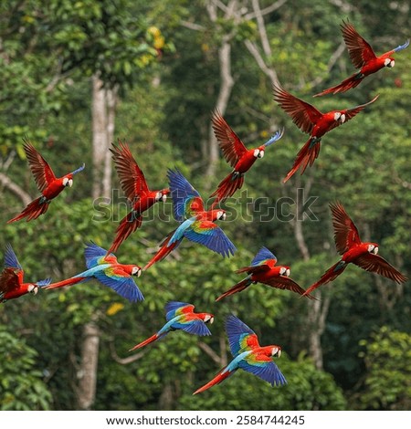 a flock of macaws flying in the forest