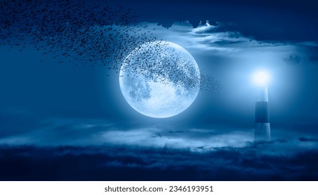Flock of starlings migrating to the moon with lighthouse - Silhouette of flock birds flying with full moon at sunset or sunrise 