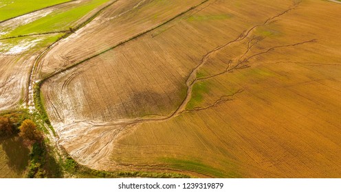 Flood crop damage. Climate change. Intense plains Precision agriculture. Aerial drone view.