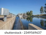 Flood gates control station of Irrigation canal. Vegas Altas del Guadiana, Badajoz, Extremadura, Spain