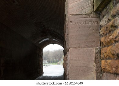 Flood Level Indicator Next To Footpath Tunnel,River Trent, Trent Bridge, Nottingham, England, United Kingdom, UK. High Tide Flooding Risk