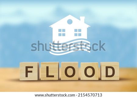 Flood natural disaster with house, rainy season, heavy rain and storm,  illustration.