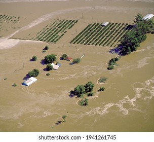 
Flood Waters From The Hawkesbury River Surround Farm Houses And Crops Near Windsor , Sydney Australia In 1986.
