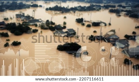 Flood-affected city and statistical data. Wide angle visual for banners or advertisements.