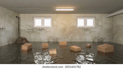 überfluteter Keller des Hauses mit nassen Pappkartons im Wasser 