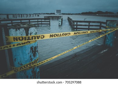 Flooded boat dock in clear lake during Hurricane Harvey 