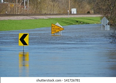 Flooded City Street. Big Flood In Illinois State, USA. Weather Disasters Photo Collection.