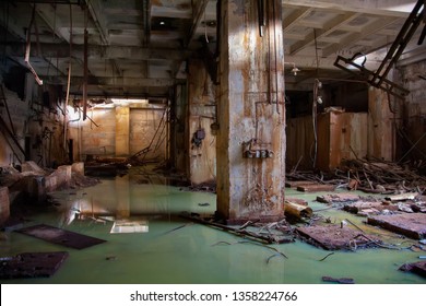 Flooded Collapsed Basement Of Abandoned Industrial Building