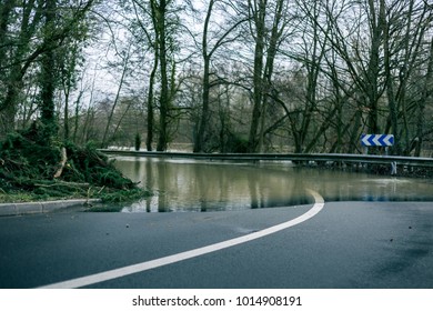 A flooded French road, after a very abundant rain that caused a rise of the river