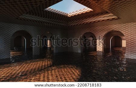 flooded gallery of arches with tile texture and hole in the ceiling. 3d rendering