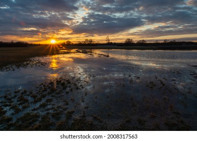 Flooded meadow after downpour, clouds and sunset
