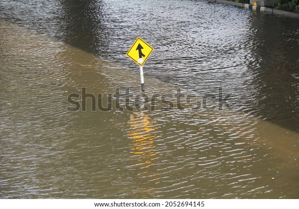 Flooding\
after heavy rains at city Flooded car under deep on heavy high\
water road public utility Flooded\
pedestrian