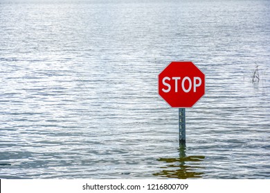 Flooding and road sign of priority “Traveling without stopping is prohibited” in water with watermarks. Traffic Laws, highway code.