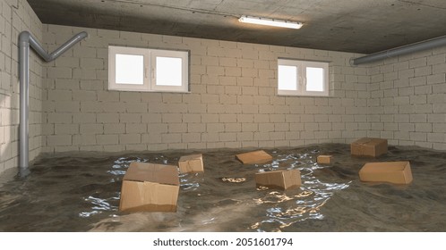 Flooding With Water Damage And Wet 
Cardboard Boxes In The Basement Of The House 