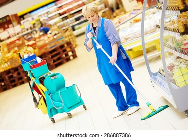 Floor Care And Cleaning Services With Mop In Supermarket Shop Store