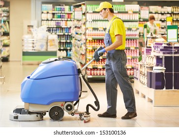 Floor Care And Cleaning Services With Washing Machine In Supermarket Shop Store