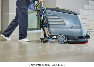 Floor Care And Cleaning Services With Washing Machine In Supermarket Shop Store