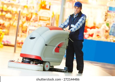 Floor Care And Cleaning Services With Washing Machine In Supermarket Shop Store