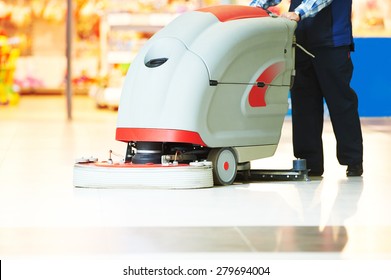 Floor Care And Cleaning Services With Washing Machine In Supermarket Shop Store