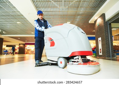 Floor Care And Cleaning Services With Washing Machine In Supermarket Shop Store