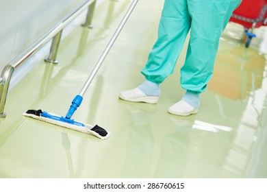 Floor Care And Cleaning Services With Washing Mop In Sterile Factory Or Clean Hospital 