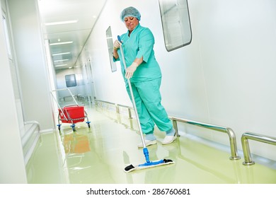 Floor Care And Cleaning Services With Washing Mop In Sterile Factory Or Clean Hospital 