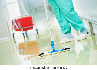 Floor Care And Cleaning Services With Washing Mop In Sterile Factory Or Clean Hospital 