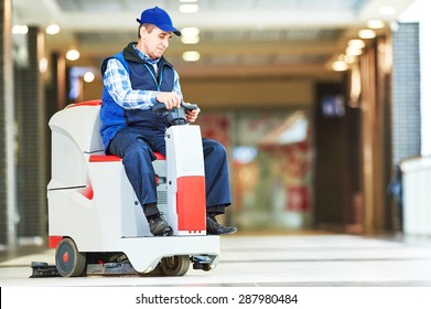 Floor Care And Cleaning Services With Washing Machine In Supermarket Shop Store