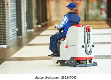 Floor Care And Cleaning Services With Washing Machine In Supermarket Shop Store