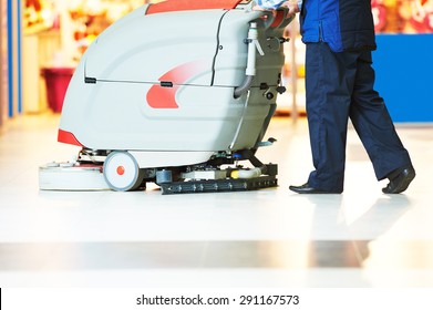 Floor Care And Cleaning Services With Washing Machine In Supermarket Shop Store