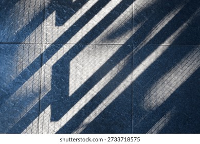 Floor features bold diagonal shadows from a railing, creating a moody geometric composition. The interplay of light and texture evokes urban architecture and a calm, cool ambiance.