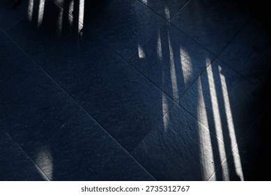 Floor features bold diagonal shadows from a railing, creating a moody geometric composition. The interplay of light and texture evokes urban architecture and a calm, cool ambiance.