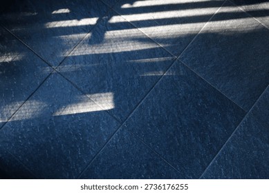 Floor features bold diagonal shadows from a railing, creating a moody geometric composition. The interplay of light and texture evokes urban architecture and a calm, cool ambiance.