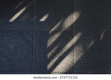 Floor features bold diagonal shadows from a railing, creating a moody geometric composition. The interplay of light and texture evokes urban architecture and a calm, cool ambiance.